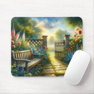 Sunlit Garden Pathway Gate Scene Mouse Pad