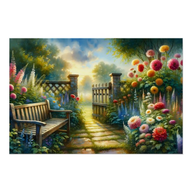 Sunlit Garden Pathway Gate Scene Poster (Front)