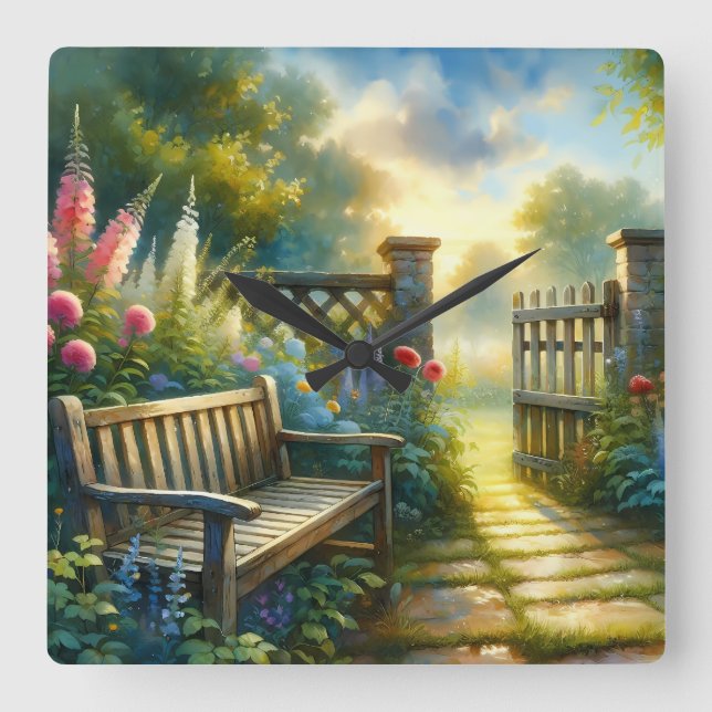 Sunlit Garden Pathway Gate Scene Square Wall Clock (Front)