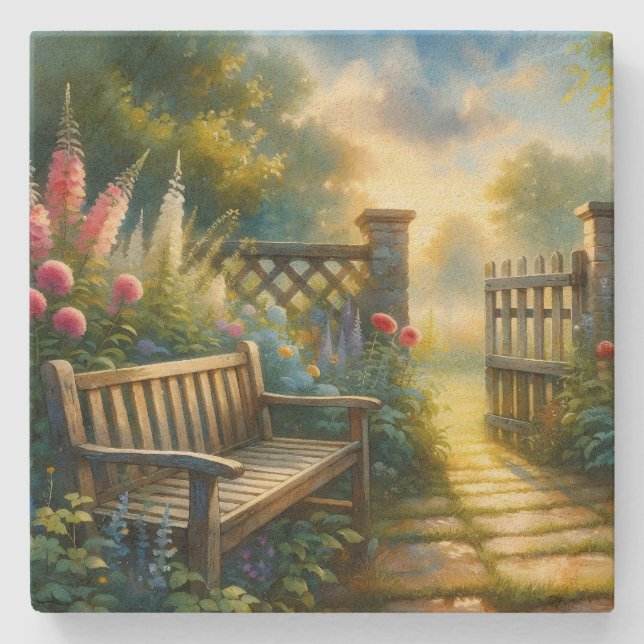 Sunlit Garden Pathway Gate Scene Stone Coaster (Front)