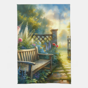 Sunlit Garden Pathway Gate Scene Tea Towel