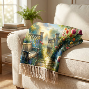 Sunlit Garden Pathway Gate Scene Throw Blanket
