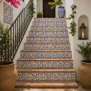 Sunlit Harmony Elegant Blue and Gold Floral Mosaic Ceramic Tile