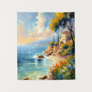 Sunlit Mediterranean Coast Impressionist Art Tapestry