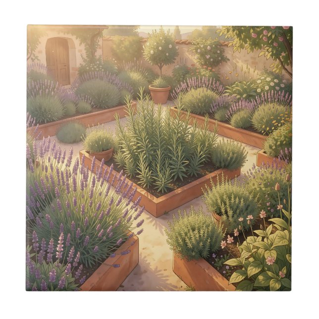 Sunlit Mediterranean Herb Garden Lavender Rosemary Ceramic Tile (Front)
