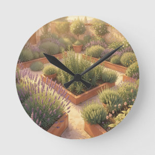 Sunlit Mediterranean Herb Garden Lavender Rosemary Round Clock