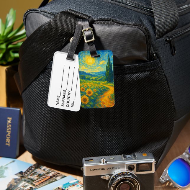 Sunlit Path Through Vibrant Sunflower Fields Luggage Tag (Front & Back)