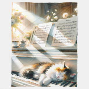 Sunlit Piano Cat Cottagecore Dream Fleece Blanket