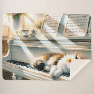 Sunlit Piano Cat Cottagecore Dream Sherpa Blanket