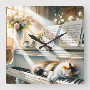 Sunlit Piano Cat Cottagecore Dream Square Wall Clock