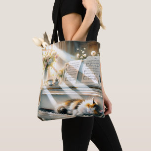 Sunlit Piano Cat Cottagecore Dream Tote Bag