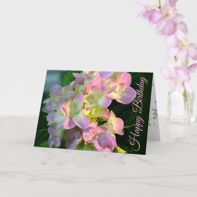 Sunlit Pink Hydrangea Happy Birthday Card (Orchid)