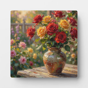 Sunlit Rustic Roses: Impressionist Oil Painting Plaque