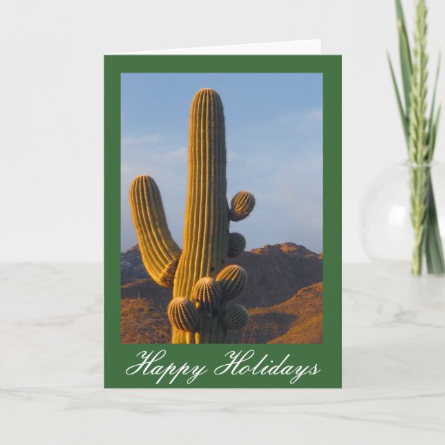 Sunlit Saguaro Cactus Holiday Greeting Card (Front)