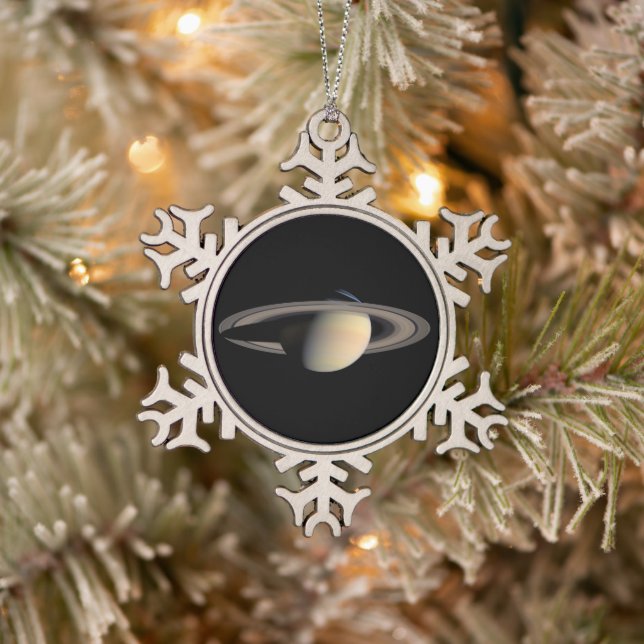 Sunlit Saturn Gas Giant Planet by Cassini Snowflake Pewter Christmas Ornament (Tree)