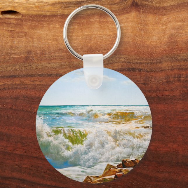 Sunlit Sea with Crashing Waves Key Ring (Front)