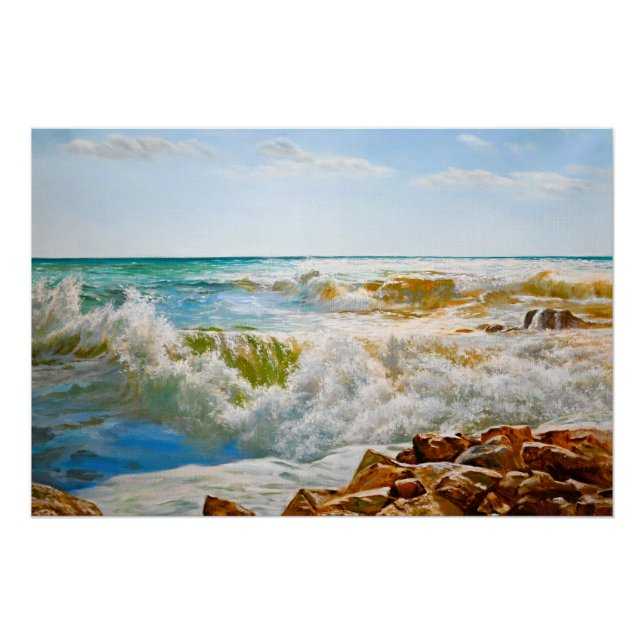 Sunlit Sea with Crashing Waves Poster (Front)