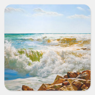 Sunlit Sea with Crashing Waves Square Sticker