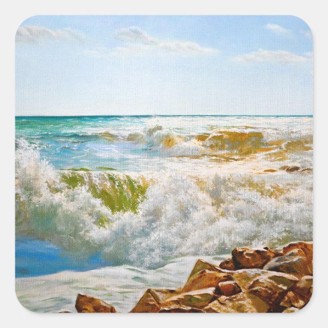 Sunlit Sea with Crashing Waves Square Sticker (Front)