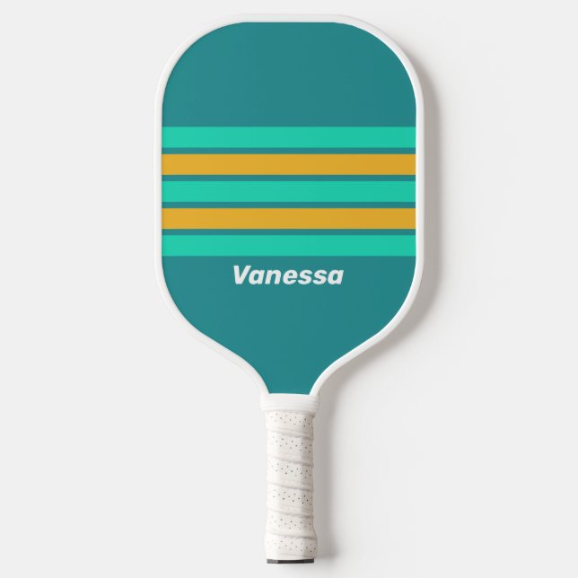Sunlit Seas Across Striping with Name Pickleball Paddle (Front)