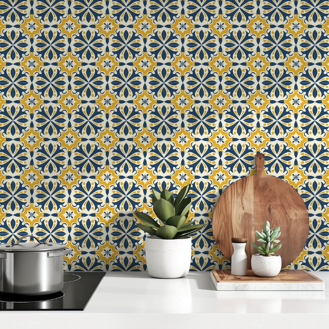 Sunlit Splendour: Blue and Yellow Azulejo Tiles Wallpaper (Creator Uploaded)