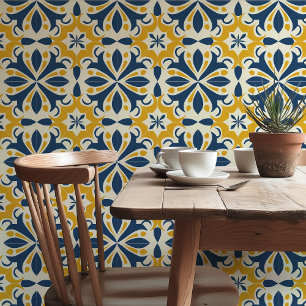 Sunlit Splendour: Blue and Yellow Azulejo Tiles Wallpaper