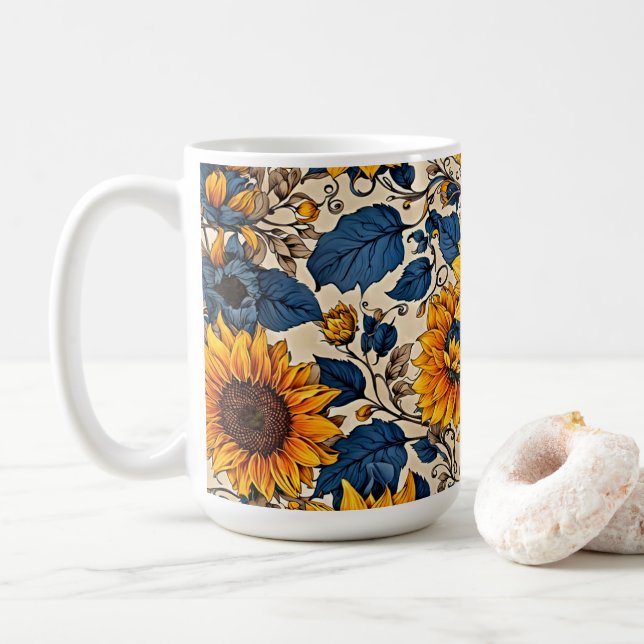 Sunlit Splendour: Sunflowers Pattern Artwork Coffee Mug (With Donut)