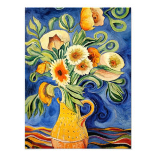 Sunlit Still Life: Bouquet in a Mustard Vase Photo Print