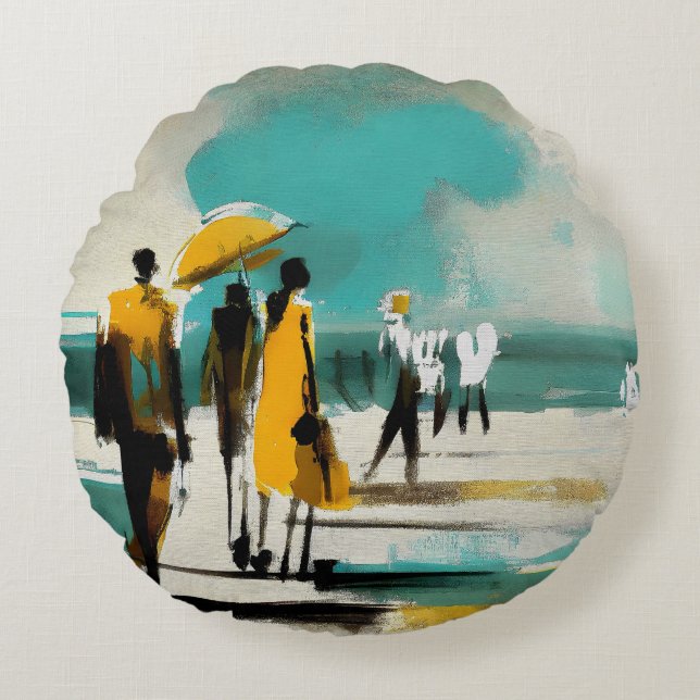 Sunlit Stroll – Abstract Figures In Open Light Round Cushion (Front)
