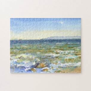 Sunlit Surf and Distant Mountains Watercolor Jigsaw Puzzle