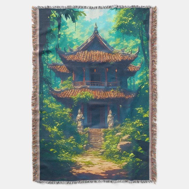 Sunlit Thai House in Lush Jungle Throw Blanket (Front Vertical)