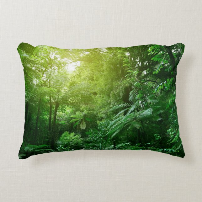 Sunlit tree canopy in tropical jungle  decorative cushion (Front)