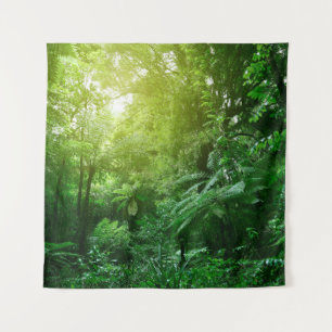 Sunlit tree canopy in tropical jungle tapestry