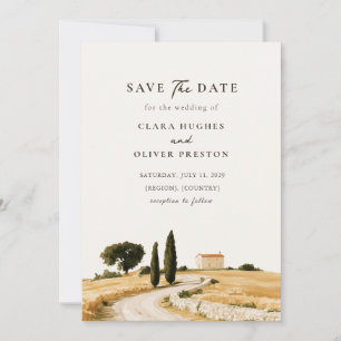 Sunlit Tuscany Cypress Hillside Farmhouse Wedding Save The Date