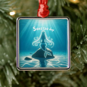 Sunlit, underwater mermaid metal ornament