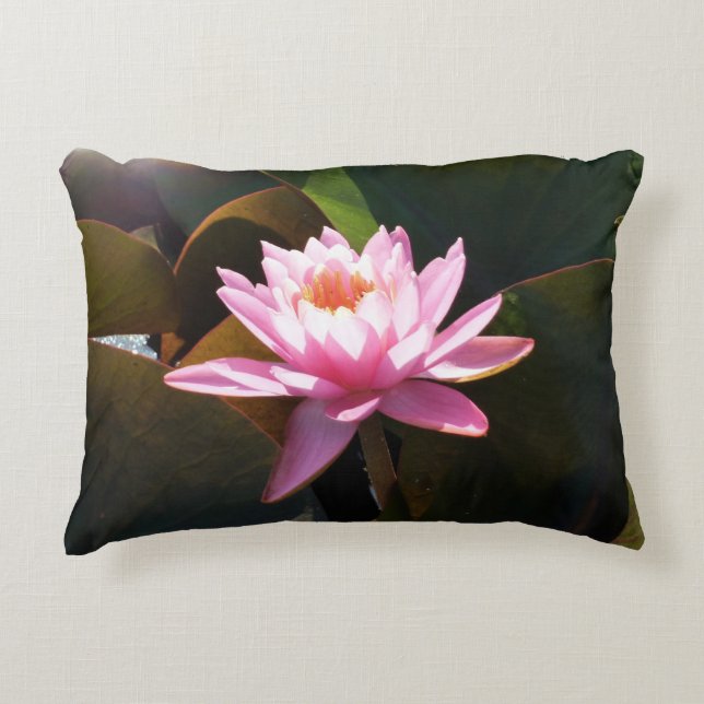 Sunlit Waterlily Pink Floral Water Garden Decorative Cushion (Front)