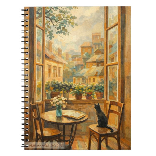 Sunlit Window Cat & Cosy Cityscape Notebook (Front)