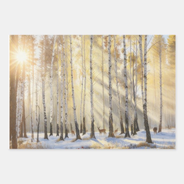 Sunlit Winter Birch Forest with Deer Wrapping Paper Sheet (Front 2)