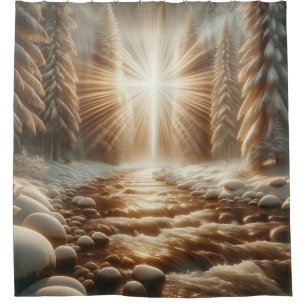 “Sunlit Winter Forest Cross” Shower Curtain