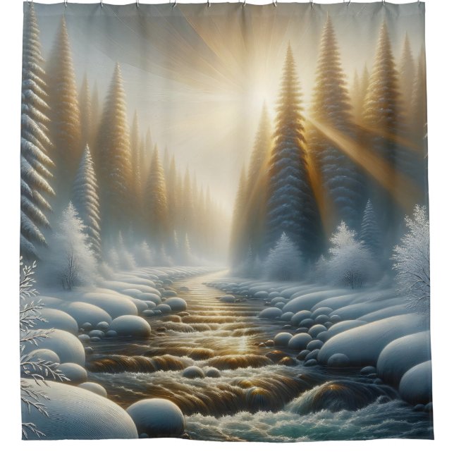 “Sunlit Winter River Scene” Shower Curtain (Front)