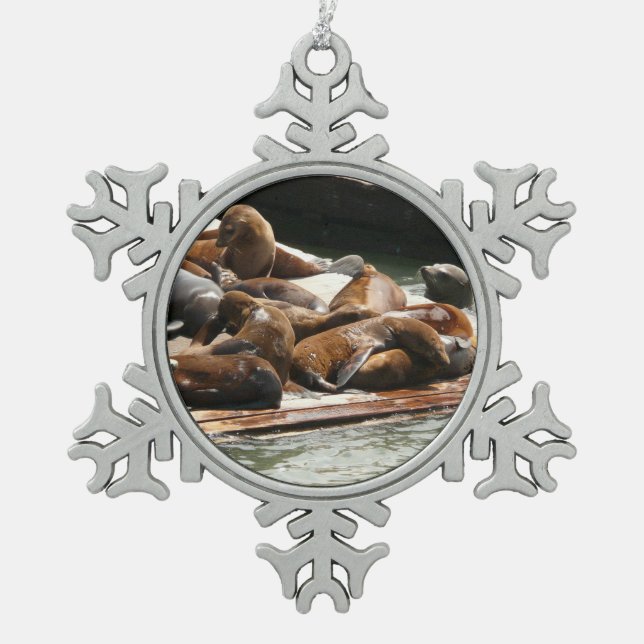 Sunning Sea Lions in San Francisco Snowflake Pewter Christmas Ornament (Front)