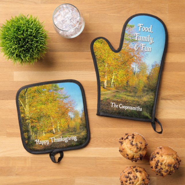 Sunny Autumn Forest - Personalized Oven Mitt & Pot Holder Set (Top Down)