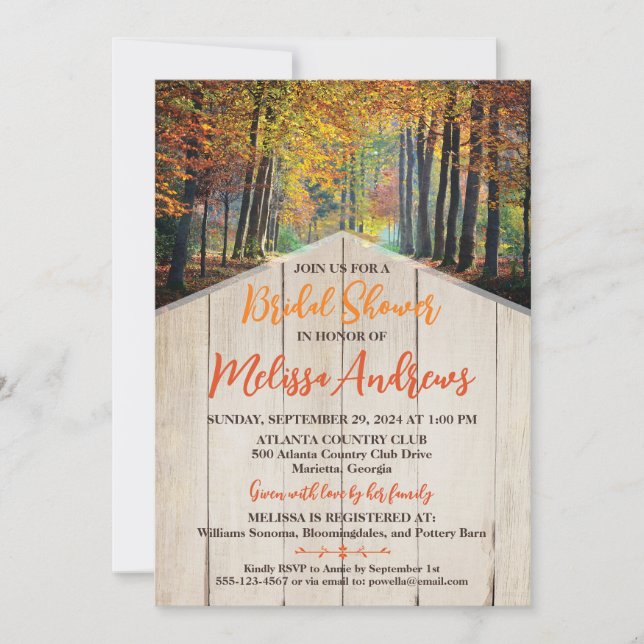 Sunny Autumn Forest, Woodgrain Bridal Shower Invitation (Front)