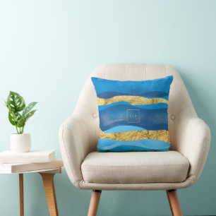 Sunny Azur Ocean Beach Waves Blue Gold Monograms Cushion