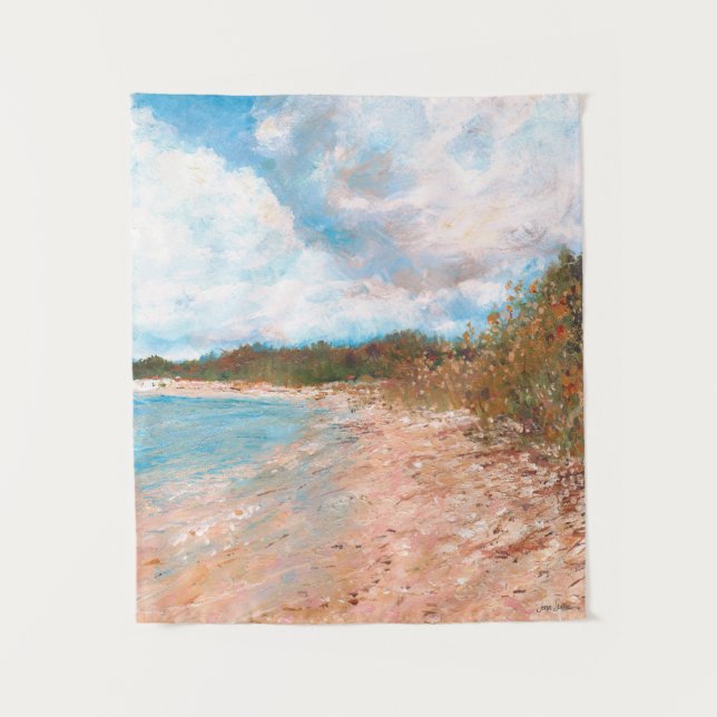 Sunny Beach Day Blue Sky Puffy Clouds Painting Tapestry (Front)
