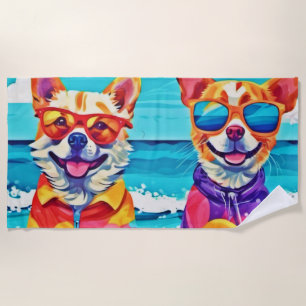 Sunny Beach Dogs: Colourful Painting Beach Towel