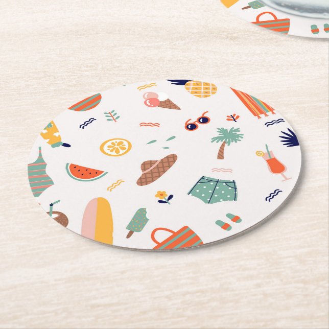 Sunny Beach Fun Pattern Round Paper Coaster (Angled)