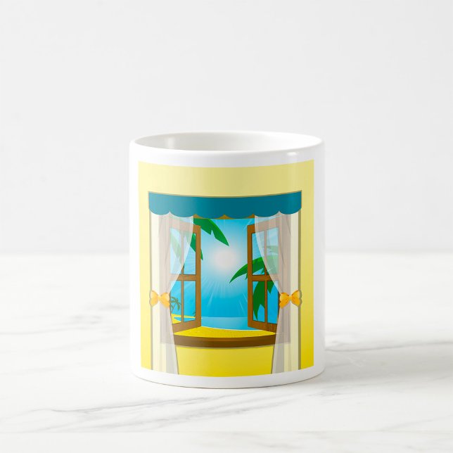 Sunny Beach View Through Open Window Coffee Mug (Creator Uploaded)