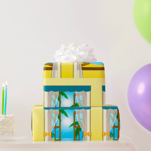 Sunny Beach View Through Open Window Wrapping Paper