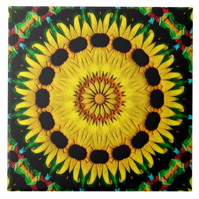 Sunny Black Eyed Susan Rudbeckia Mandala Abstract Ceramic Tile (Front)